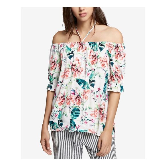 SANCTUARY Womens Ivory Floral Short Sleeve Off Shoulder Blouse S - Picture 1 of 4